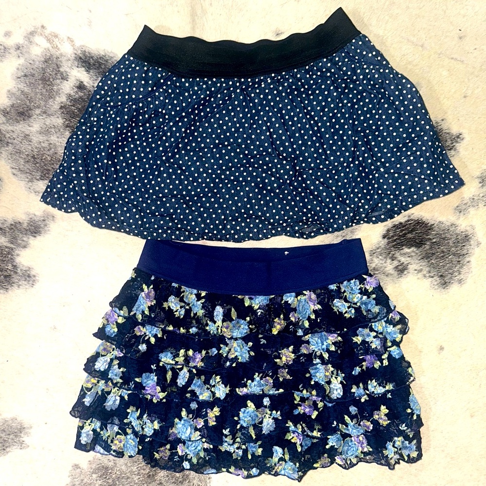 Justice Girls Size 12 Skirts – Navy Polka Dot & Floral Tiered Lot of 2